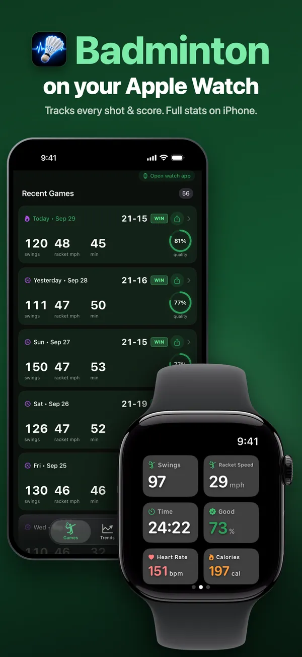 BadmintonWatch on Apple Watch showing swings, racket speed, time, good swing percentage, heart rate and calories, next to recent badminton games on iPhone