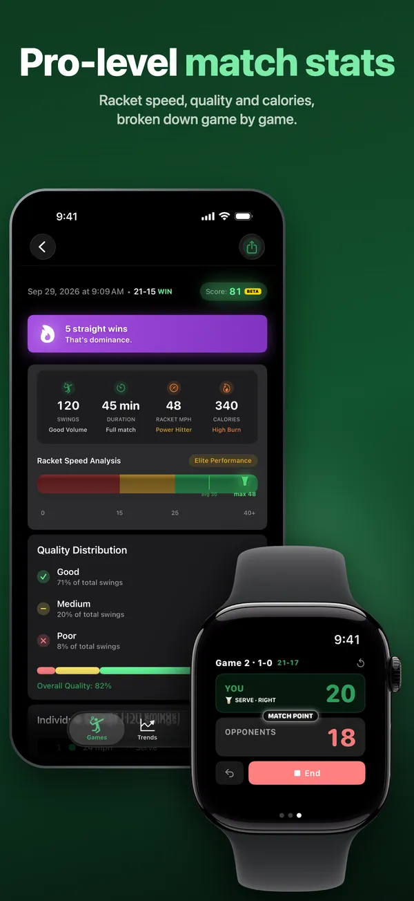 BadmintonWatch game detail on iPhone with swings, duration, racket speed, calories and swing quality, next to the rally scoreboard on Apple Watch