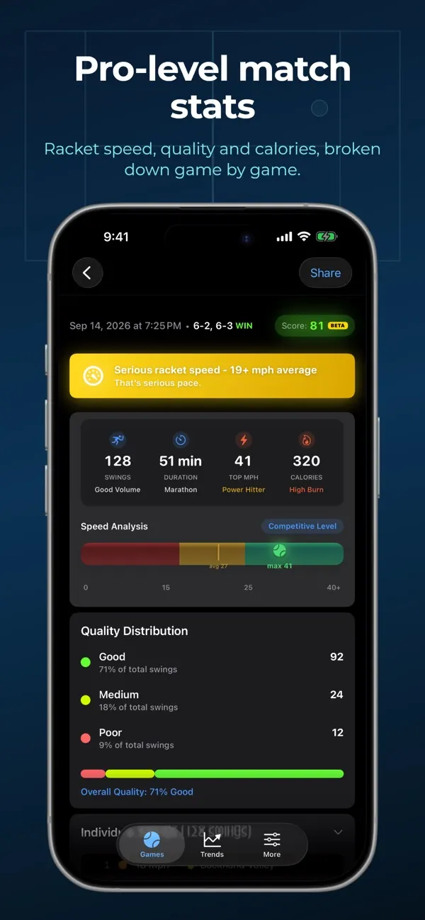 PadelWatch match report on iPhone with swings, match time, top estimated racket speed, calories and swing quality