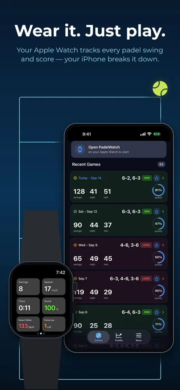 PadelWatch on Apple Watch showing live swings, estimated speed and heart rate, next to recent padel matches on iPhone