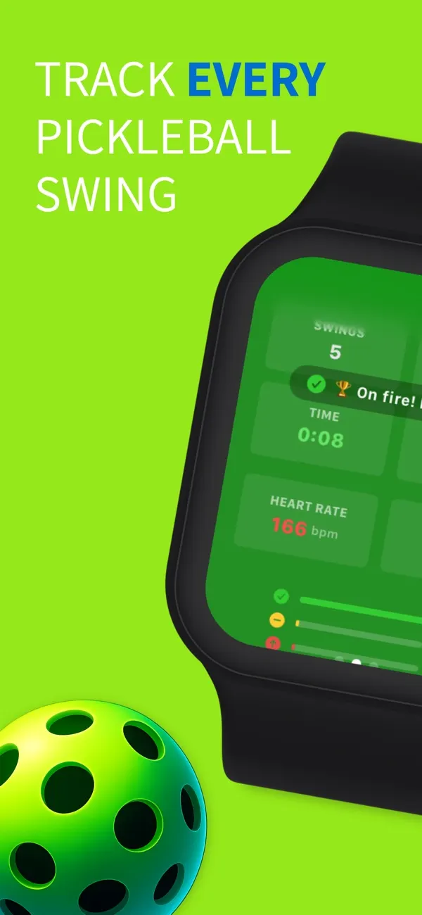 PickleWatch on Apple Watch showing live swing count, time and heart rate during a pickleball game