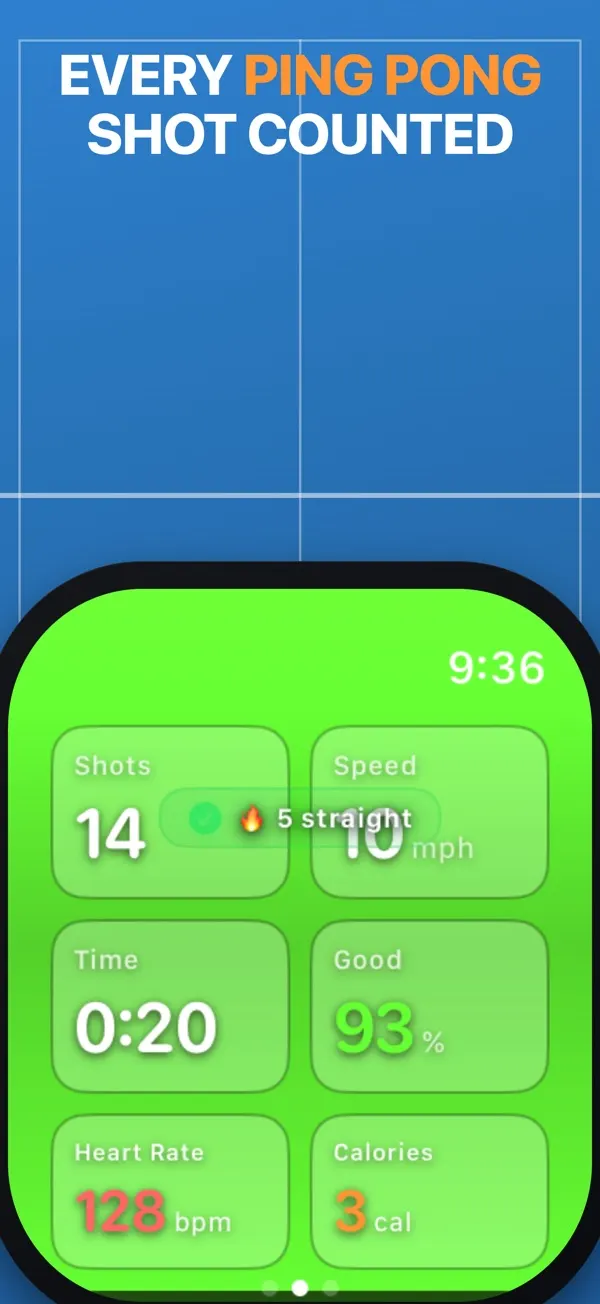 PingPongWatch on Apple Watch during a table tennis session, showing shot count, estimated speed, time, heart rate and calories