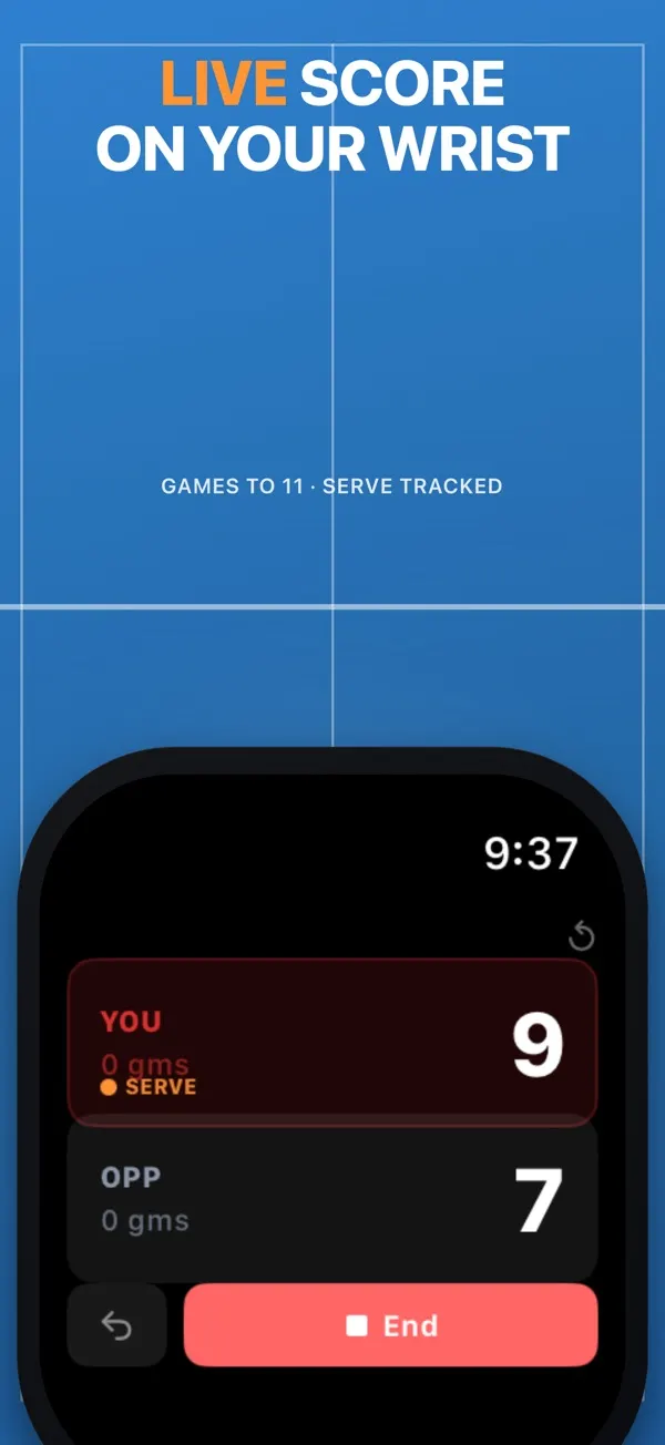 PingPongWatch table tennis scoreboard on Apple Watch showing the point score and who is serving