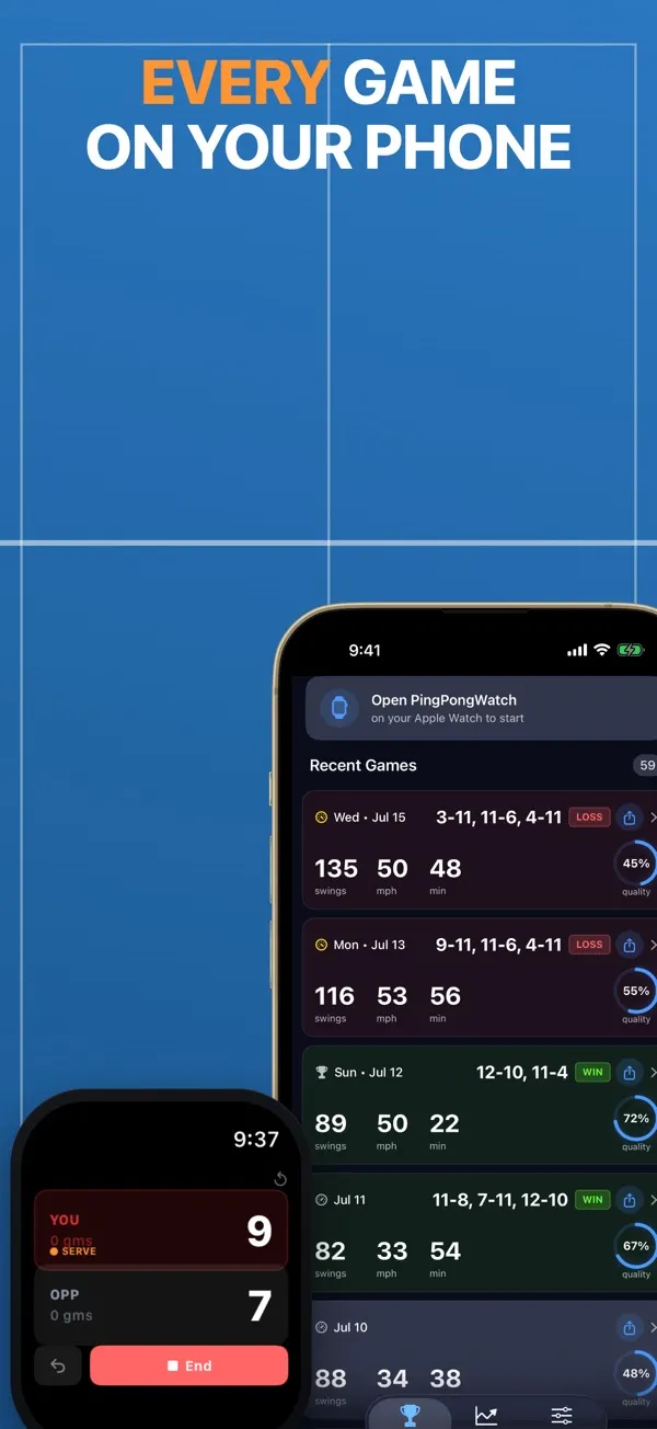 PingPongWatch iPhone app listing recent ping pong matches with game scores, wins and losses