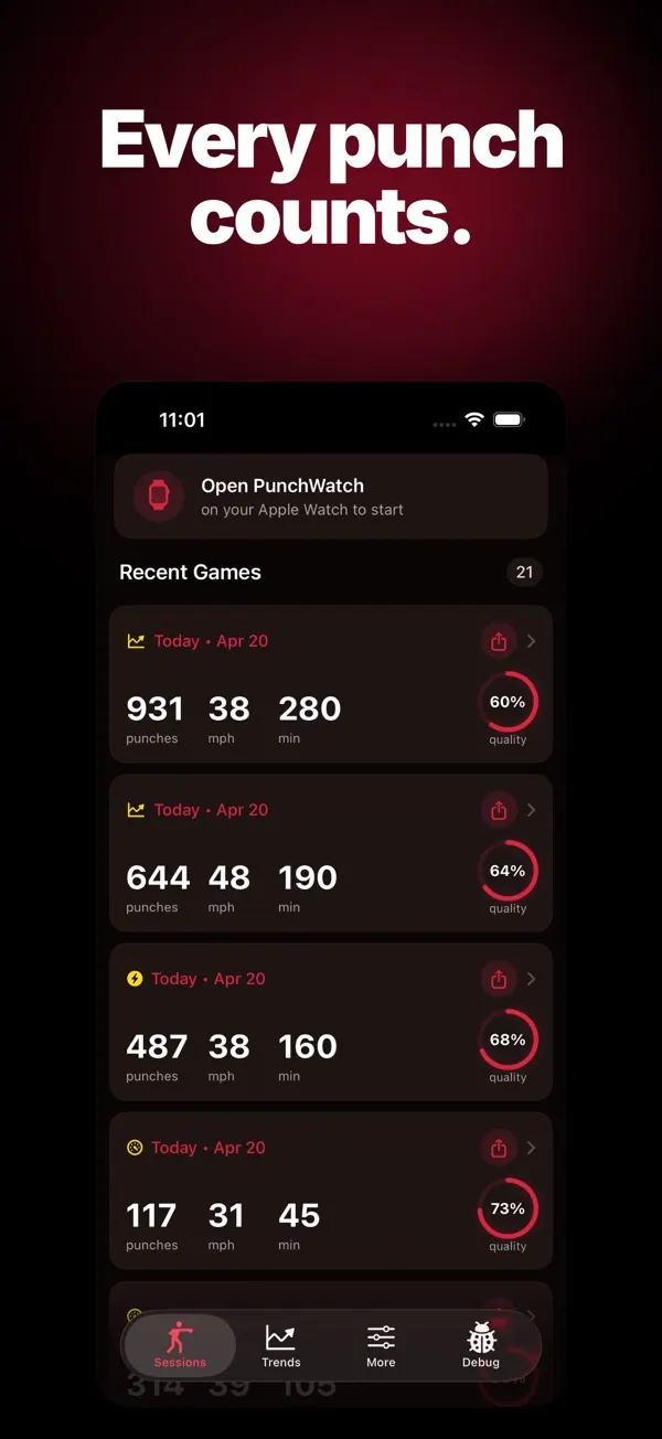 PunchWatch on iPhone listing recent boxing sessions with punch count, estimated top speed, minutes and quality score