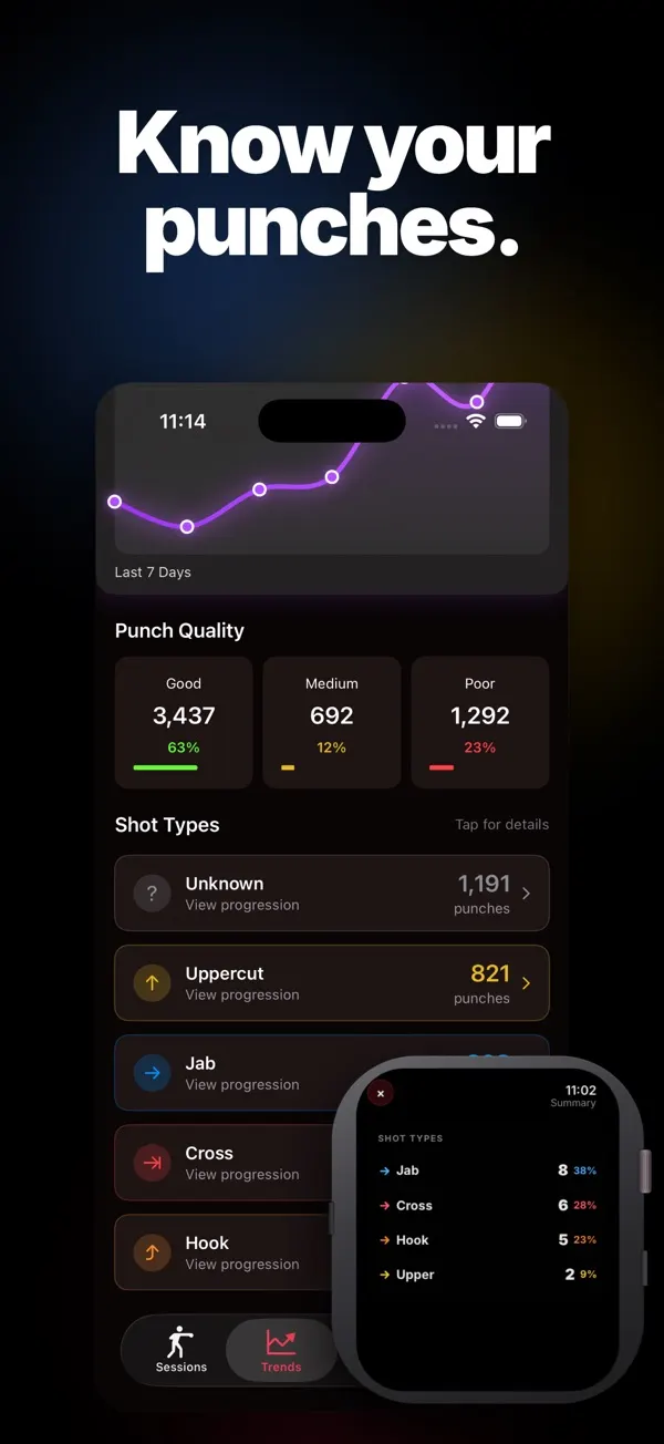 PunchWatch punch quality totals and jab, cross, hook and uppercut breakdown, with the Apple Watch session summary