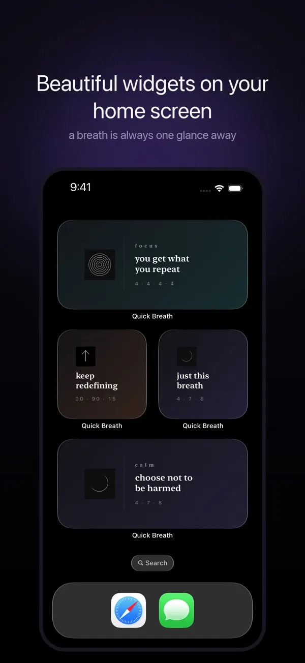 QuickBreath calm, focus and energy widgets on an iPhone home screen