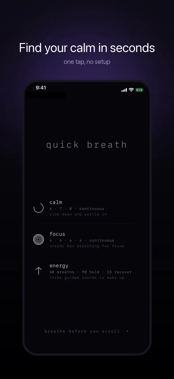 QuickBreath start screen with calm, focus and energy breathing modes