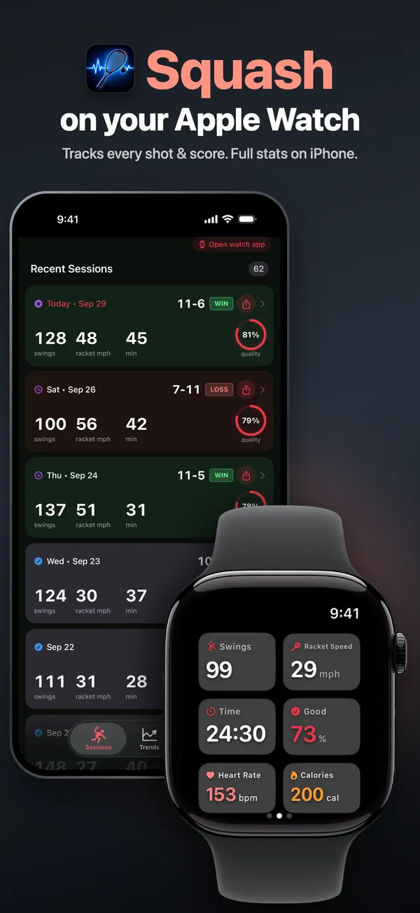 SquashWatch on Apple Watch showing swings, racket speed, time, good swing percentage, heart rate and calories, next to recent squash games on iPhone