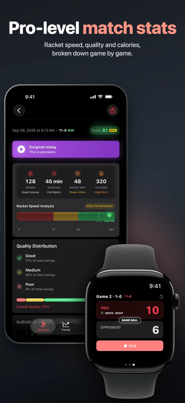 SquashWatch game detail on iPhone with swings, duration, racket speed, calories and swing quality, next to the PAR-11 scoreboard on Apple Watch