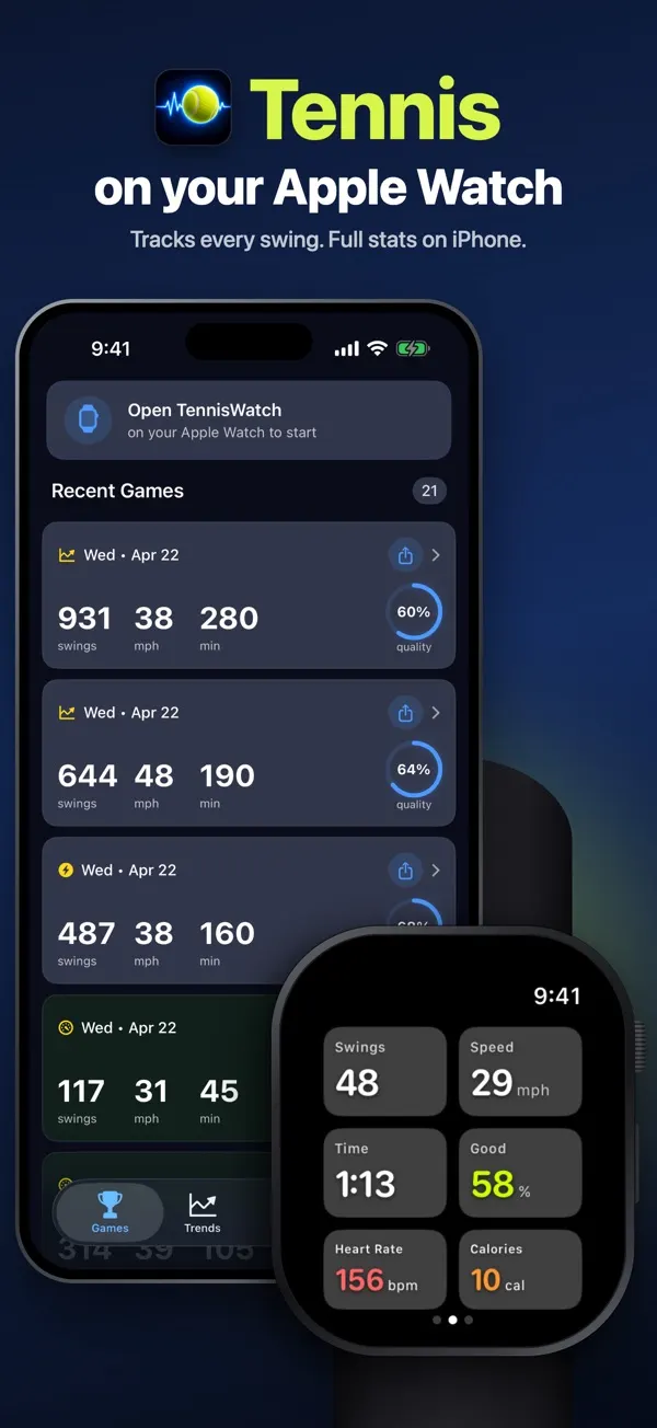 TennisWatch on Apple Watch showing swings, estimated speed, heart rate and calories, next to recent tennis sessions on iPhone